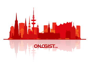 Rote Skyline-Illustration mit Spiegelung und ONLOGIST.com Schriftzug