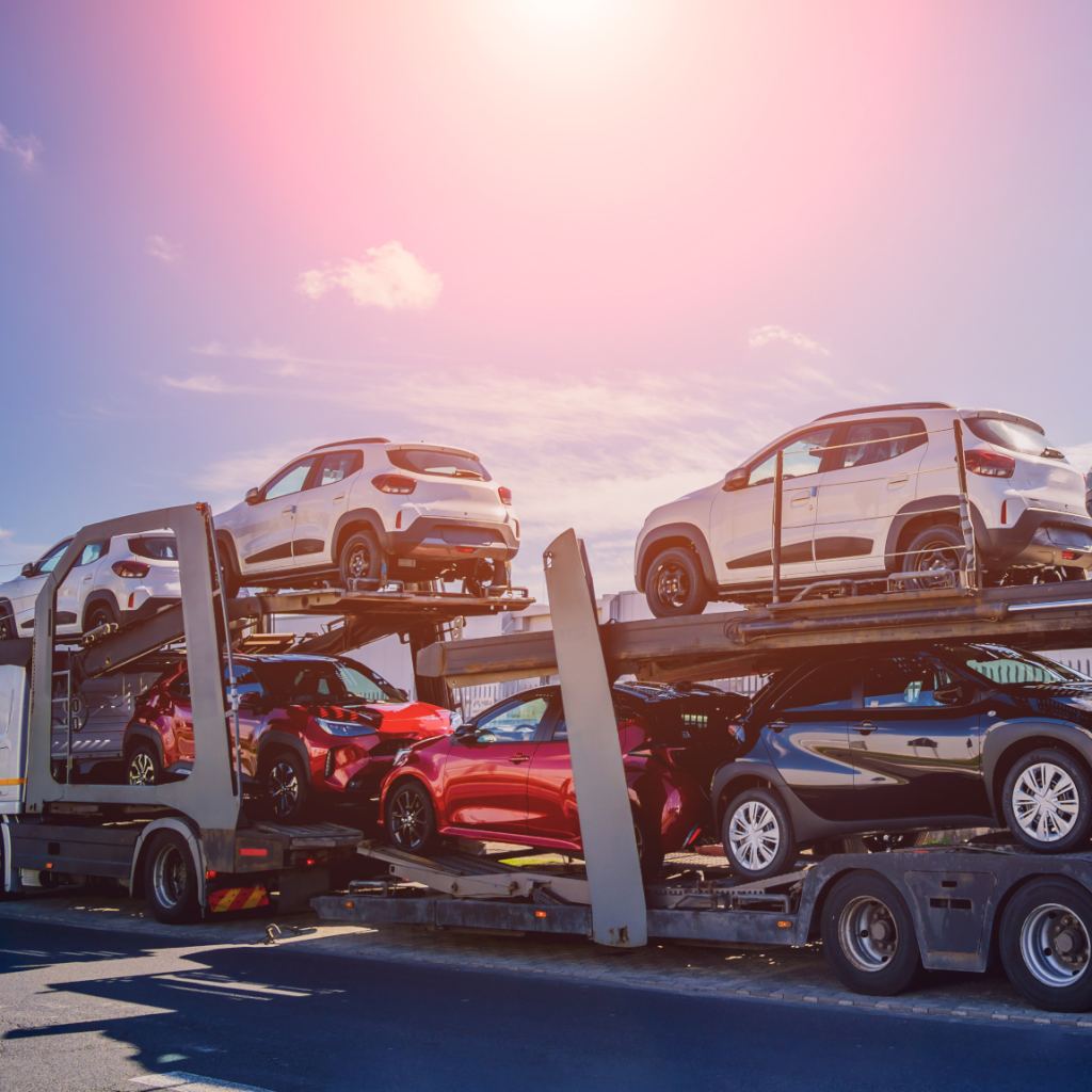 Autotransporter beladen mit mehreren Neuwagen bei Sonnenuntergang