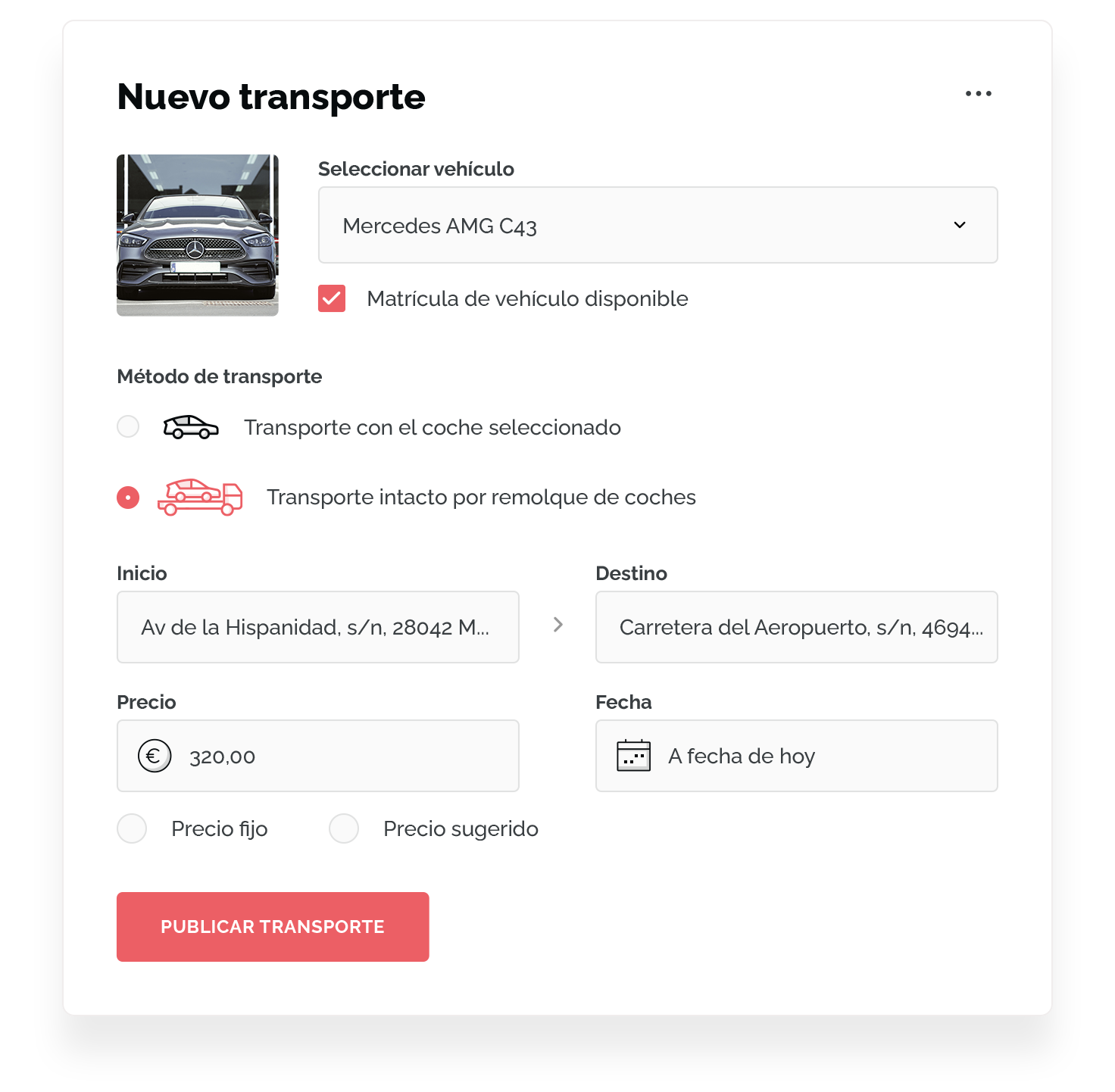 Formulario de nuevo transporte para publicar un encargo de veh&iacute;culo