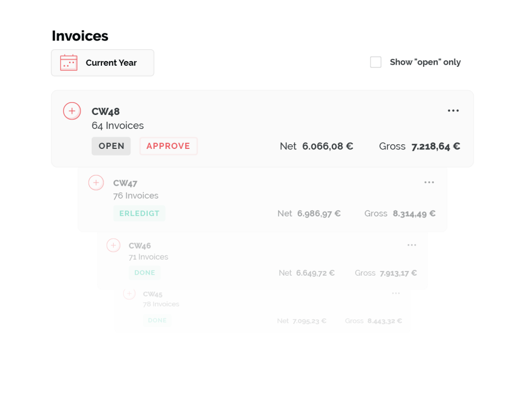 Screenshot of the ONLOGIST invoice overview with weekly totals and status