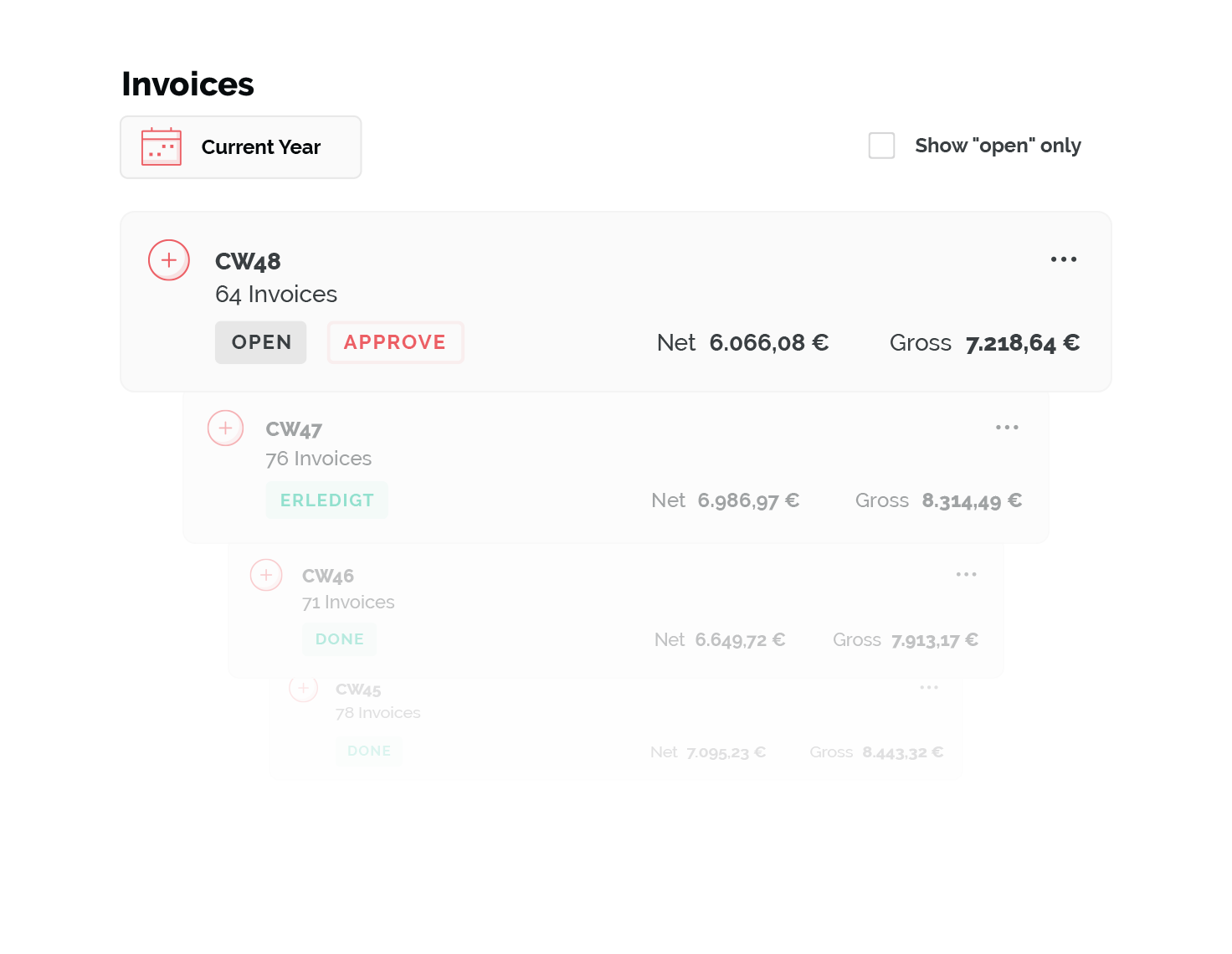 Screenshot of the ONLOGIST invoice overview with weekly totals and status
