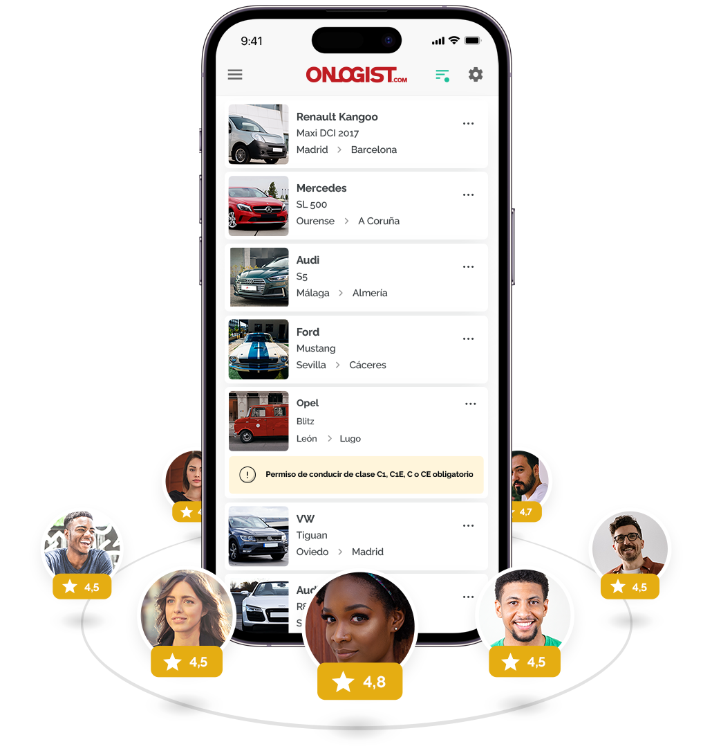 Smartphone con la lista de pedidos de ONLOGIST y valoraciones de varios conductores