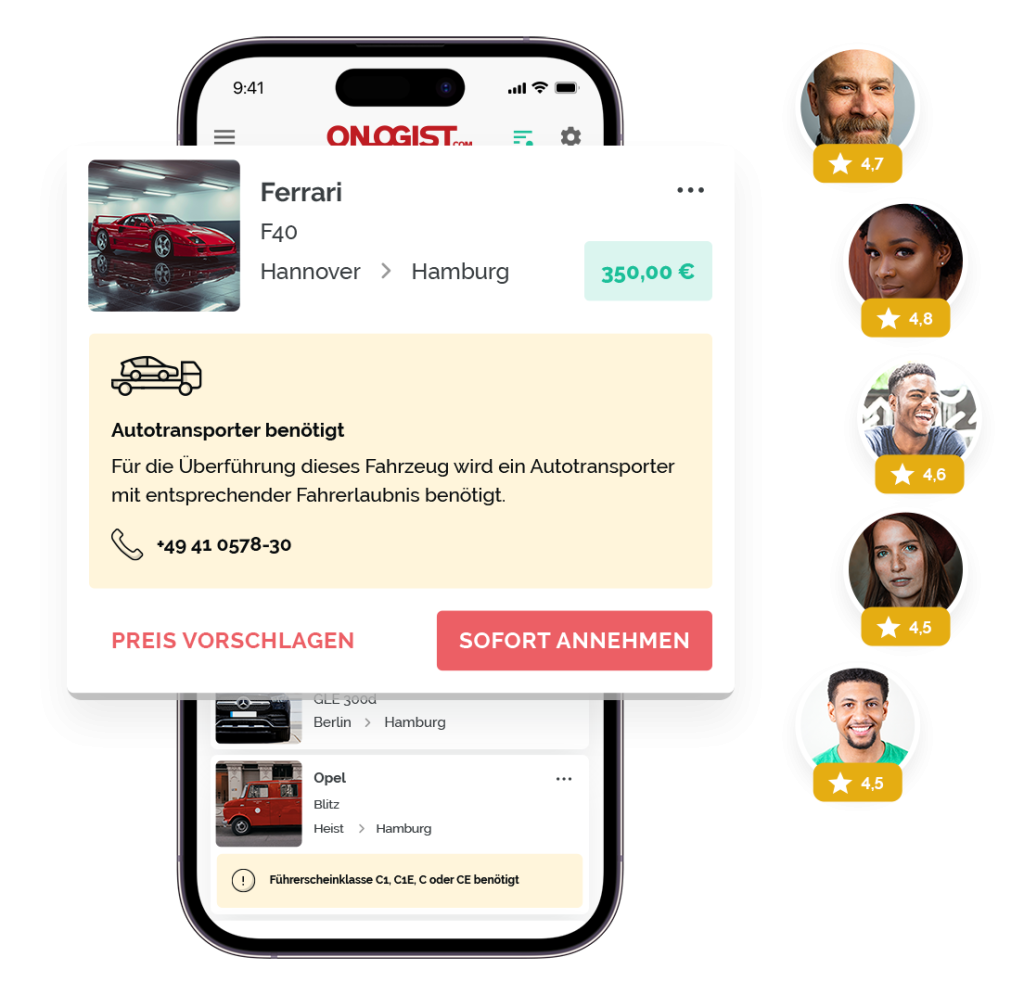 Smartphone affichant une commande ONLOGIST, entouré de profils de chauffeurs notés