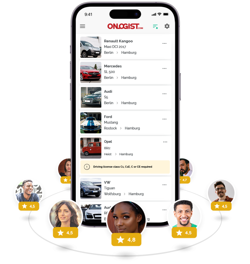 Smartphone showing the ONLOGIST order list and ratings of various drivers