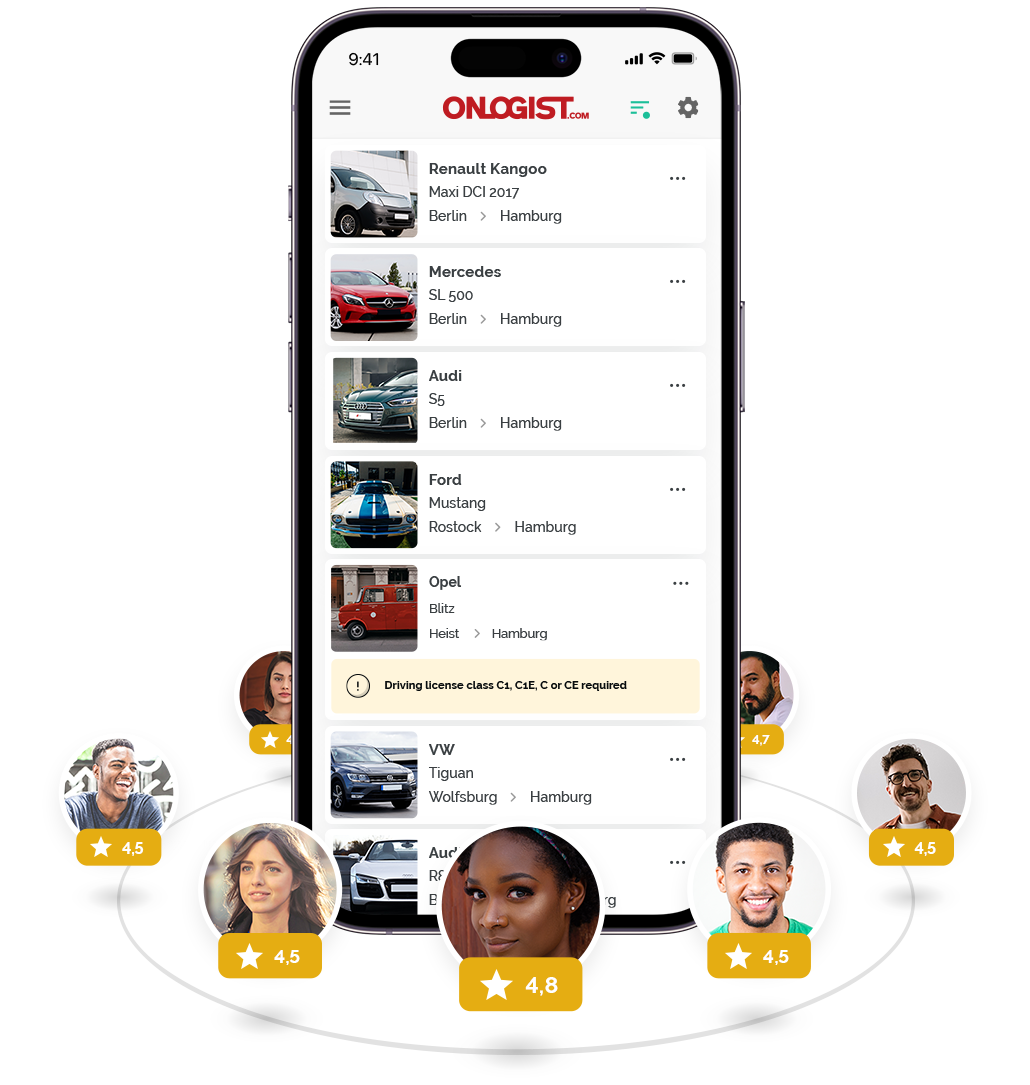 Smartphone showing the ONLOGIST order list and ratings of various drivers