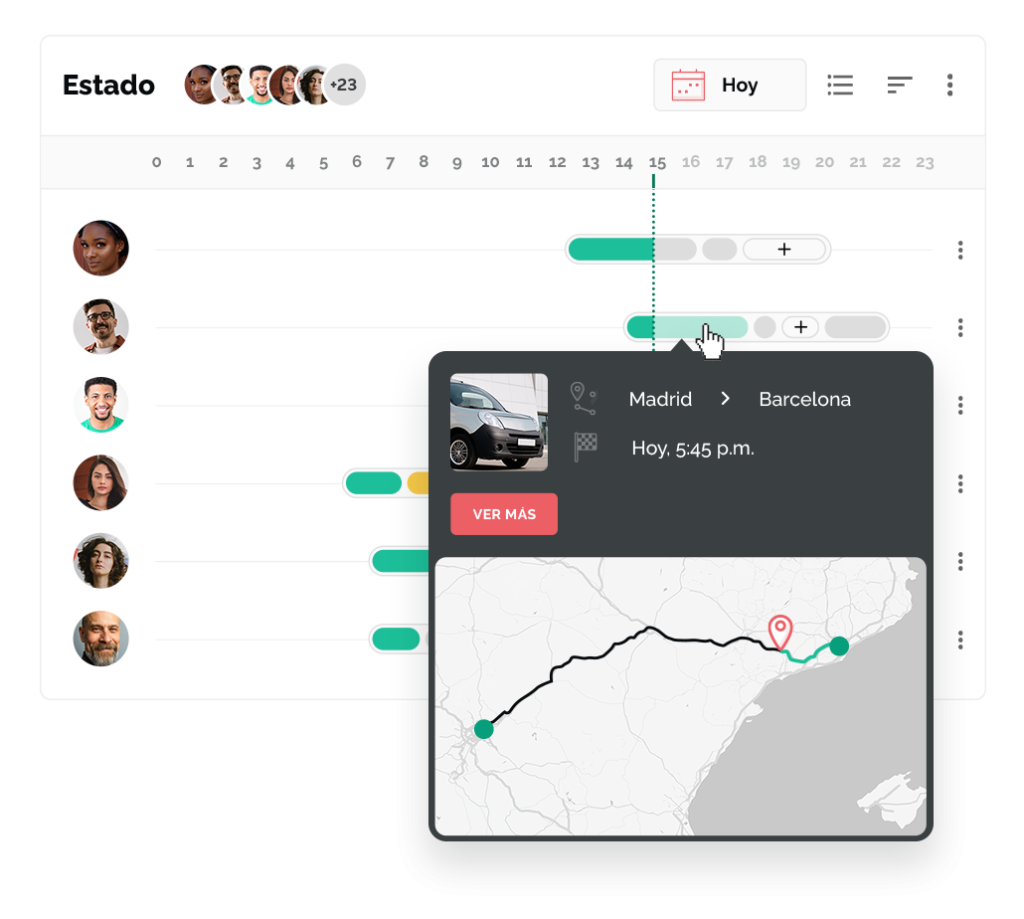 Captura de pantalla del resumen de estado de ONLOGIST con planificación de viajes y mapa de ruta