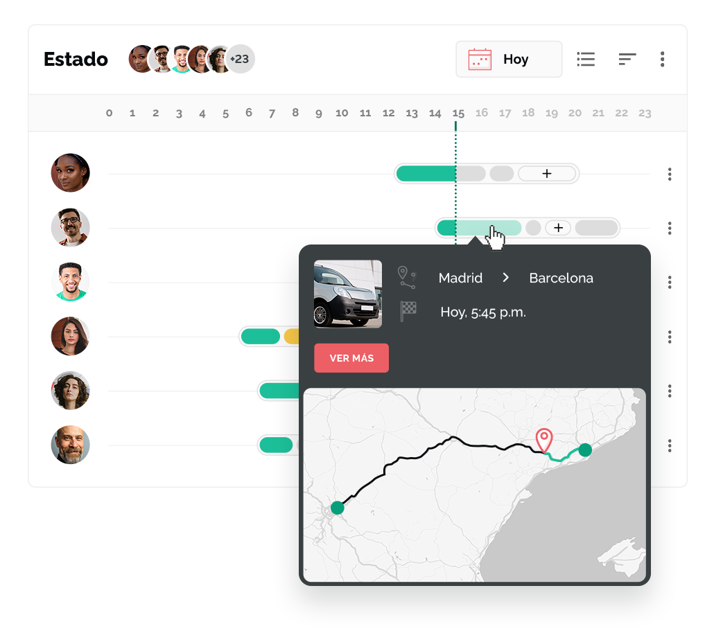 Captura de pantalla del resumen de estado de ONLOGIST con planificaci&oacute;n de viajes y mapa de ruta
