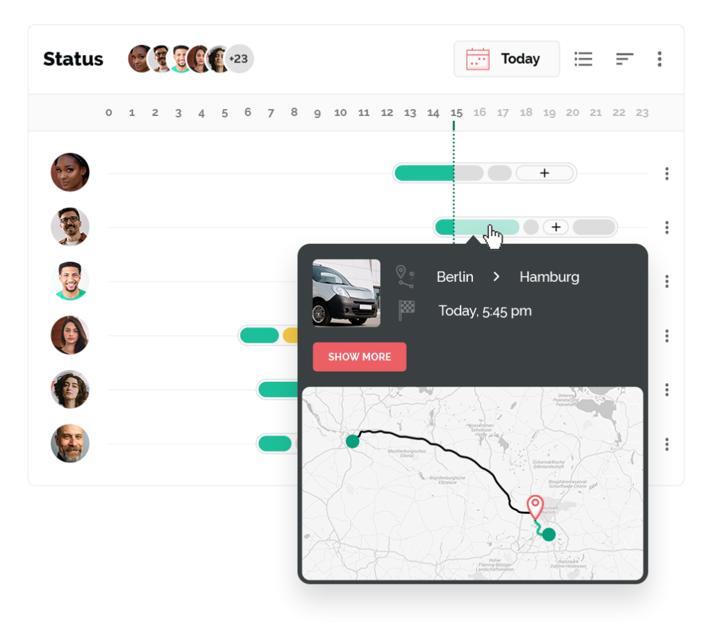 Screenshot of the ONLOGIST status overview with trip planning and route map