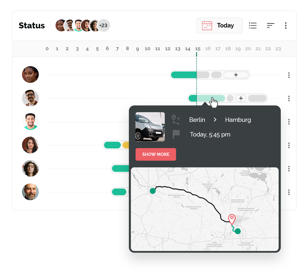 Screenshot of the ONLOGIST status overview with trip planning and route map