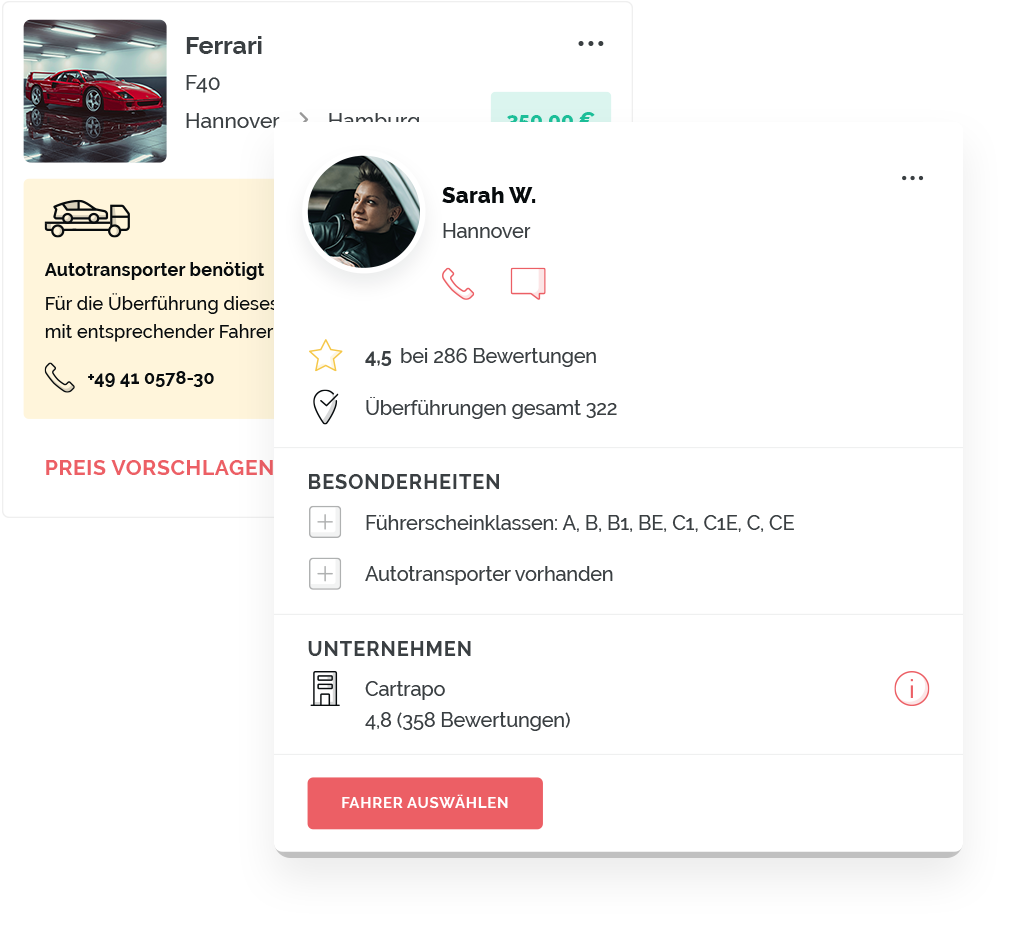 Screenshot der ONLOGIST-Fahrerauswahl mit dem Profil eines bewerteten Fahrzeug&uuml;berf&uuml;hrers