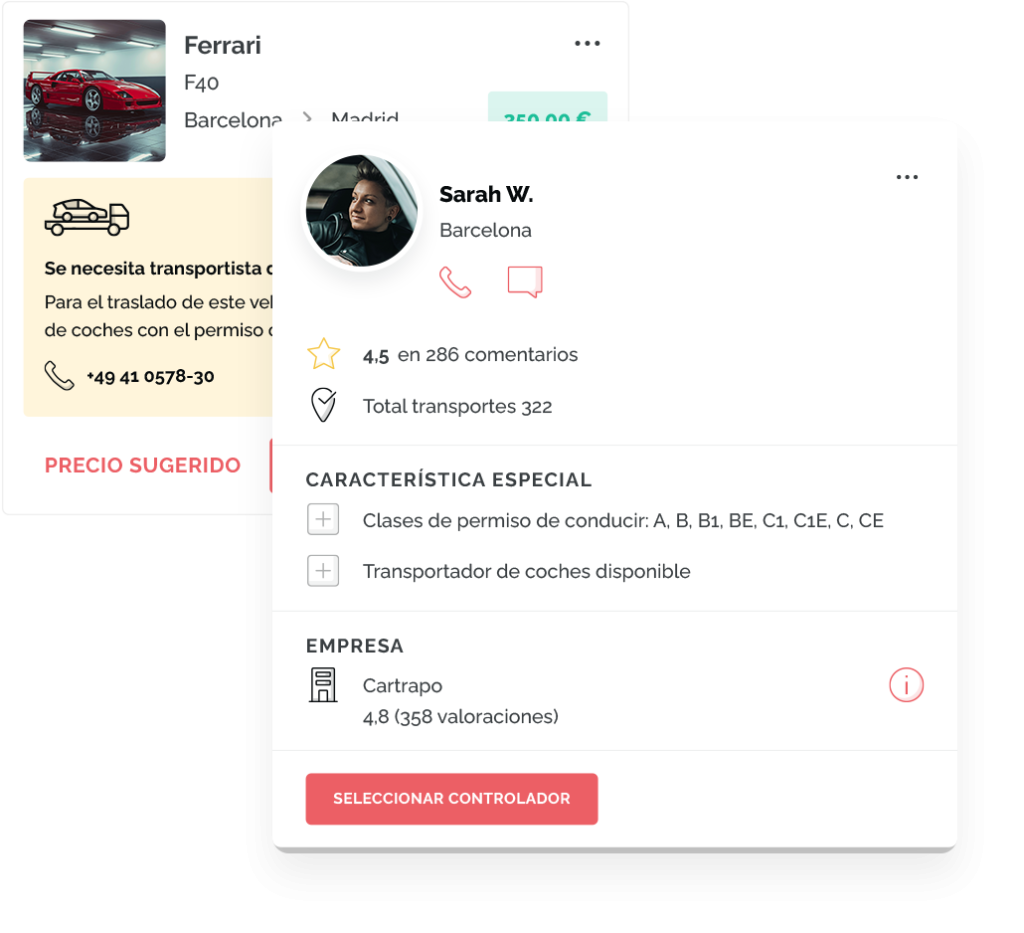 Captura de pantalla de la selección de conductores de ONLOGIST con el perfil de un transportista valorado