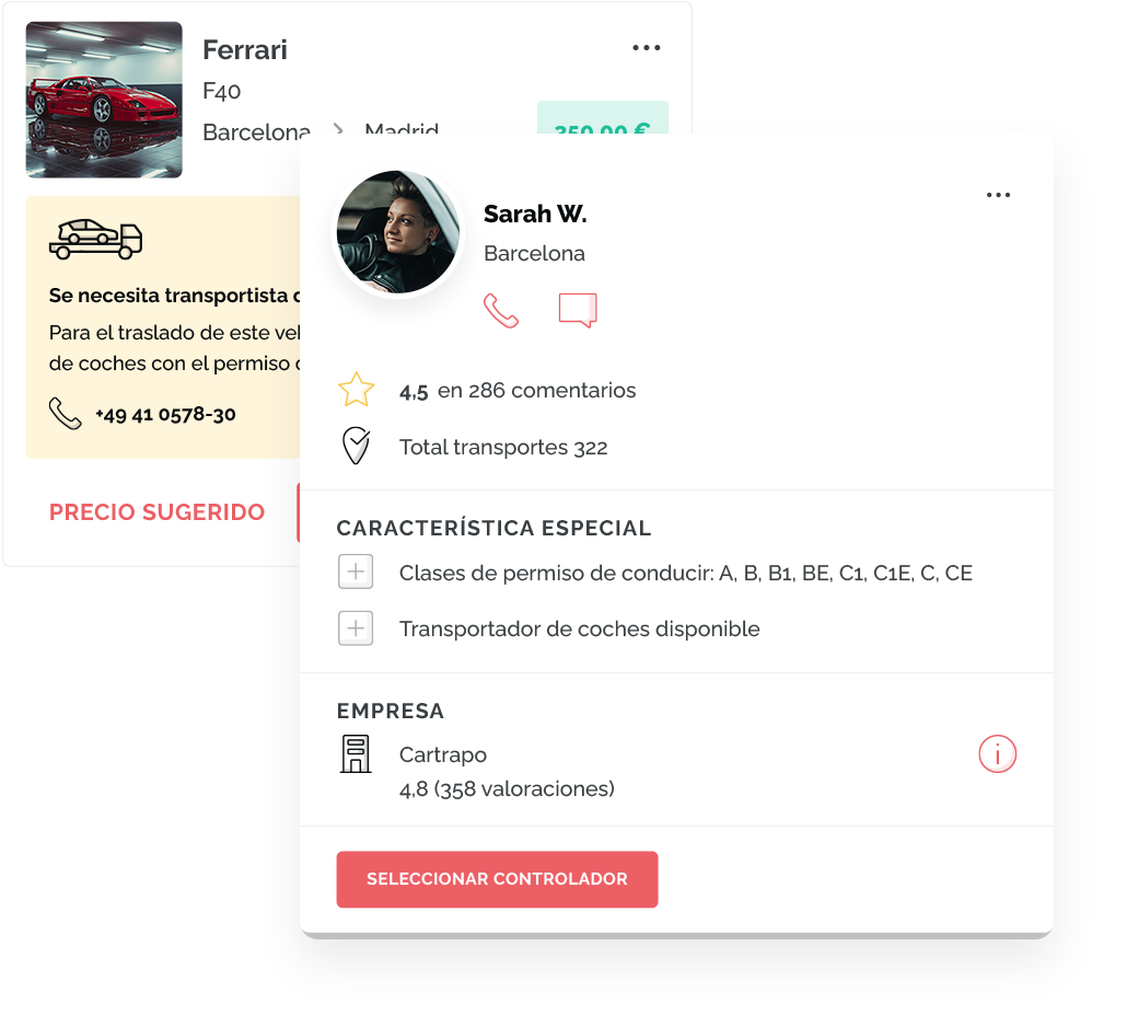 Captura de pantalla de la selecci&oacute;n de conductores de ONLOGIST con el perfil de un transportista valorado