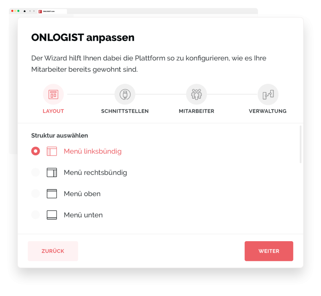 Captura de ecrã do assistente de configuração da ONLOGIST para personalizar a plataforma