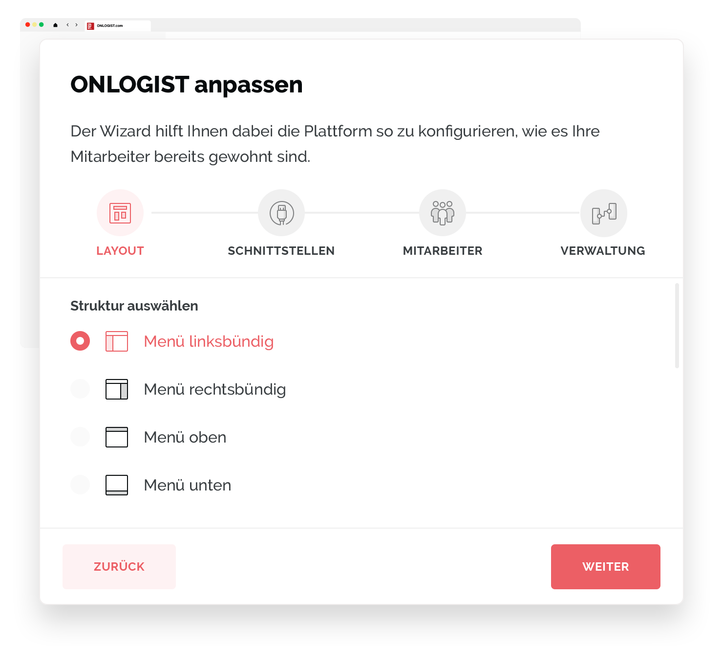Screenshot des ONLOGIST-Konfigurationsassistenten zur Anpassung der Plattform