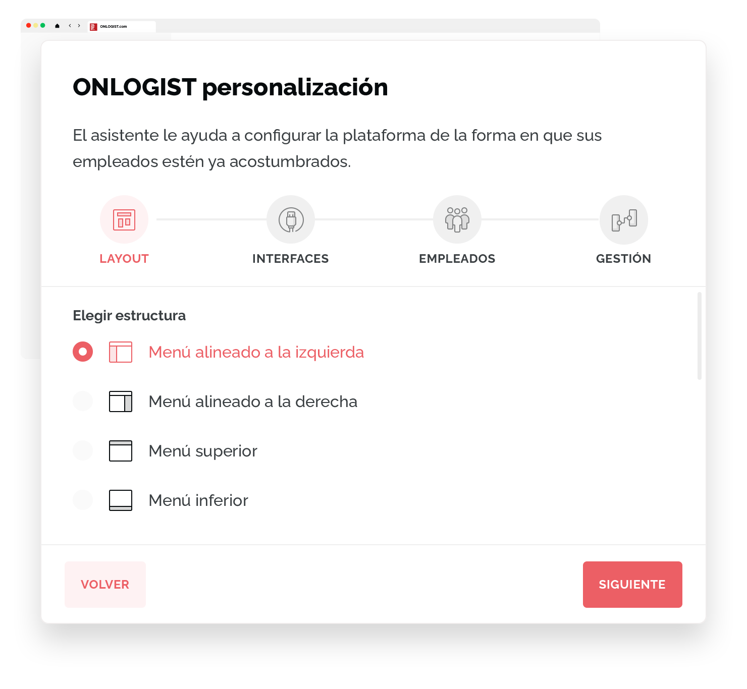 Captura de pantalla del asistente de configuraci&oacute;n de ONLOGIST para personalizar la plataforma