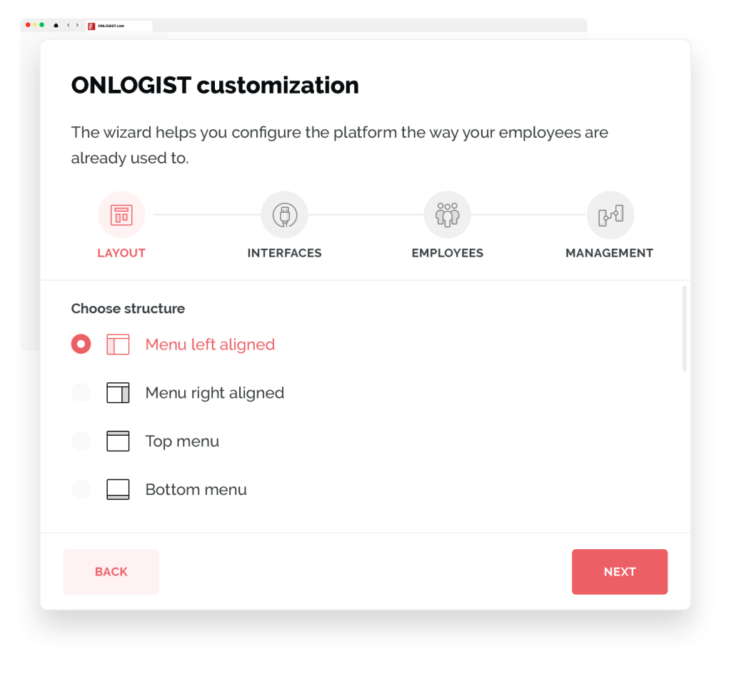 Screenshot of the ONLOGIST setup wizard for customising the platform