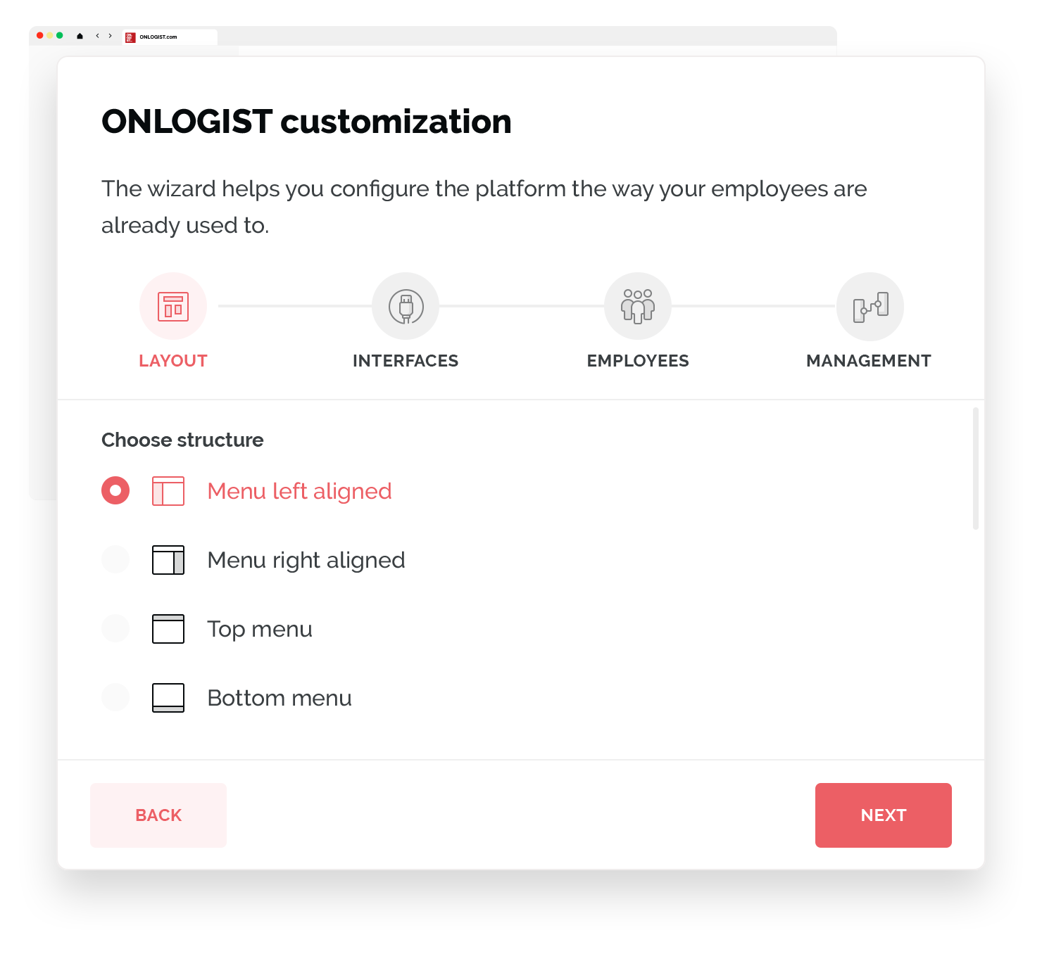 Screenshot of the ONLOGIST setup wizard for customising the platform