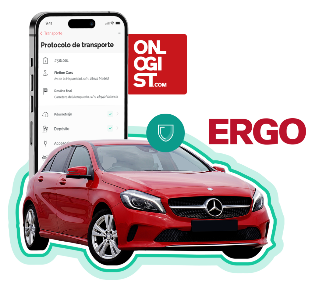 Mercedes rojo con la app ONLOGIST y el logotipo de ERGO para la gestión de siniestros