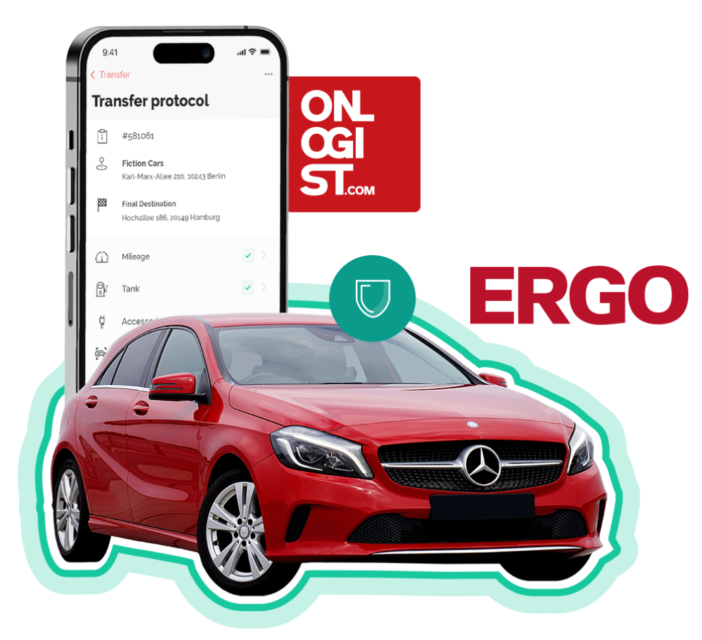 Red Mercedes with a smartphone transfer protocol and the ERGO logo, symbolising the direct connection to the insurer