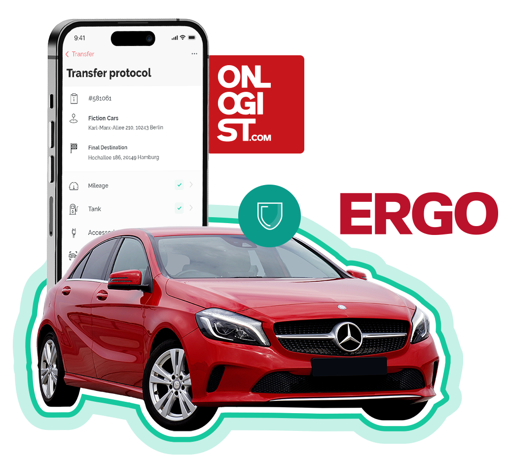 Red Mercedes with a smartphone transfer protocol and the ERGO logo, symbolising the direct connection to the insurer