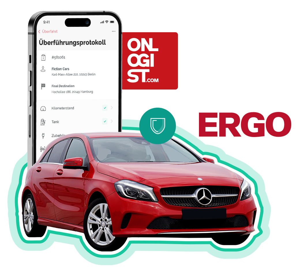 Mercedes rouge avec un protocole de transfert sur smartphone et le logo ERGO, symbolisant la connexion directe avec l'assureur