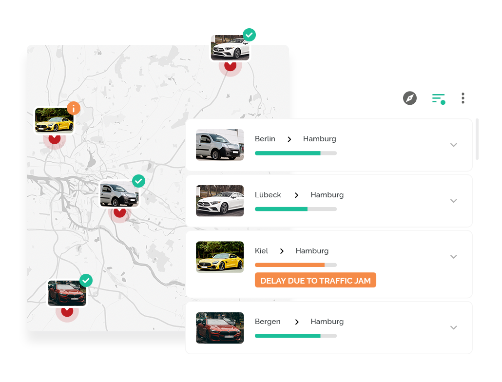 English telematics view with map and list of vehicle transfers in progress