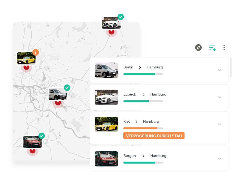 Vue t&eacute;l&eacute;matique avec carte et liste des convoyages de v&eacute;hicules en cours