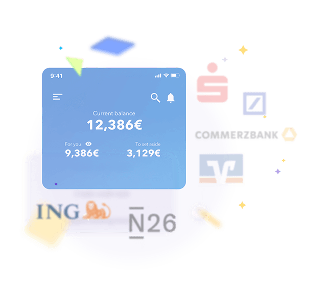 Illustration d'une application bancaire affichant un solde de compte, entour&eacute;e de logos de diff&eacute;rentes banques