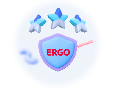 Escudo con el logotipo de ERGO y tres estrellas que simbolizan una aseguradora de confianza