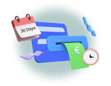Illustrazione di una carta di pagamento con calendario &laquo;30 giorni&raquo;, simbolo dell'euro e orologio a rappresentare i termini di pagamento