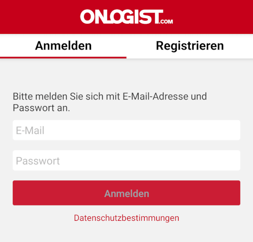 ONLOGIST-App-Anmeldemaske mit Reitern Anmelden und Registrieren