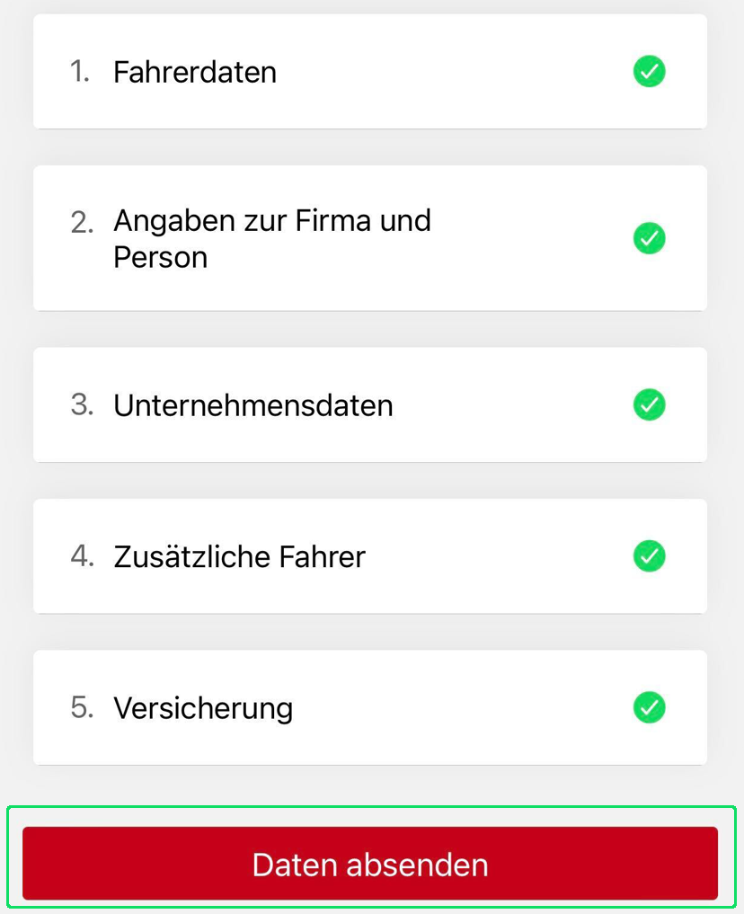 Registrierungs-Checkliste mit f&uuml;nf erledigten Schritten und Senden-Schaltfl&auml;che