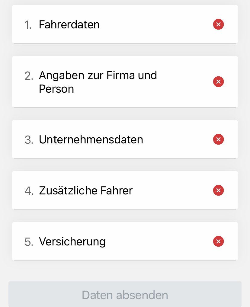 Registrierungs-Checkliste mit f&uuml;nf offenen Schritten und roten Kreuzen