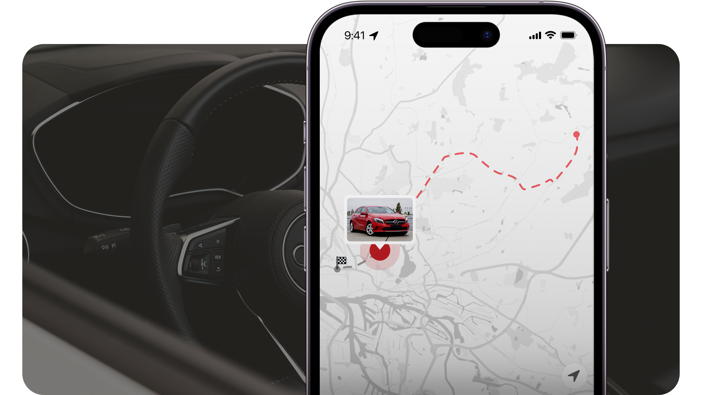 Smartphone zeigt Routenkarte einer Fahrzeug&uuml;berf&uuml;hrung neben Autoinnenraum
