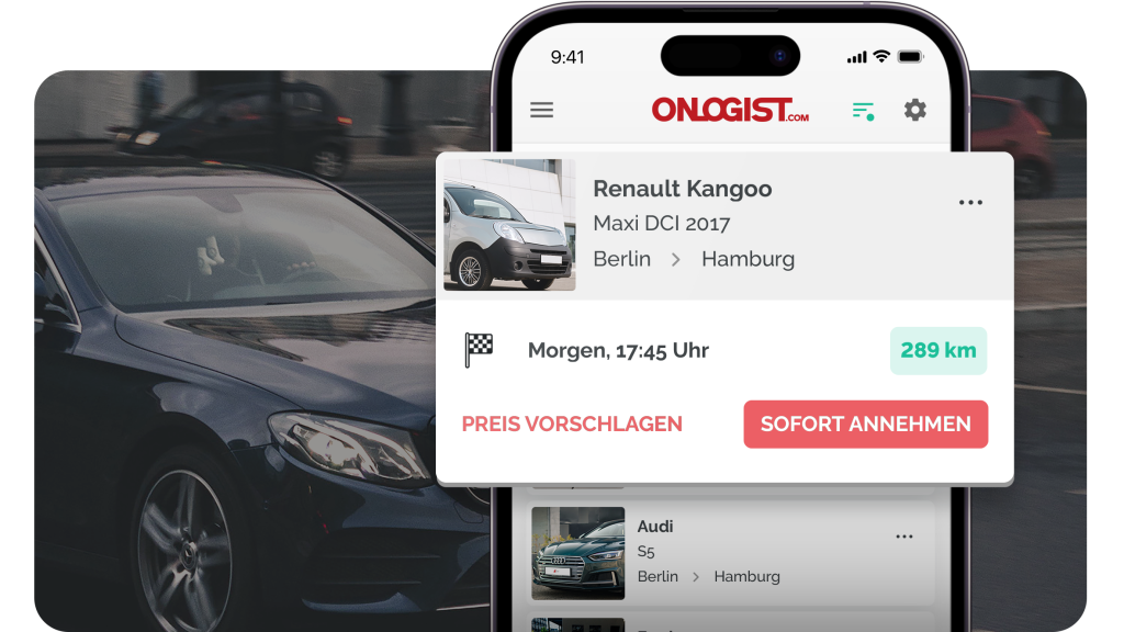Smartphone mit ONLOGIST-App, Fahrauftrag Berlin nach Hamburg auswählen