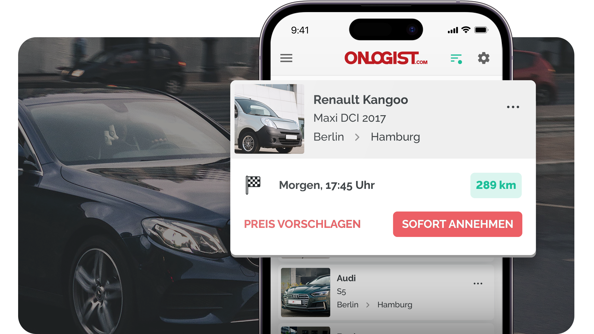 Smartphone mit ONLOGIST-App, Fahrauftrag Berlin nach Hamburg ausw&auml;hlen