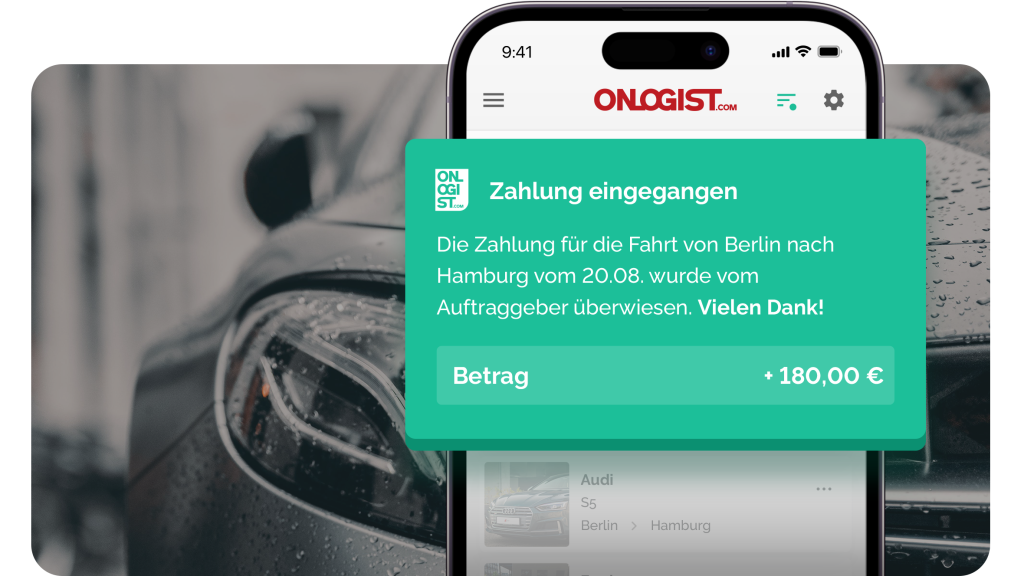 Smartphone mit ONLOGIST-App und Hinweis Zahlung von 180 Euro eingegangen