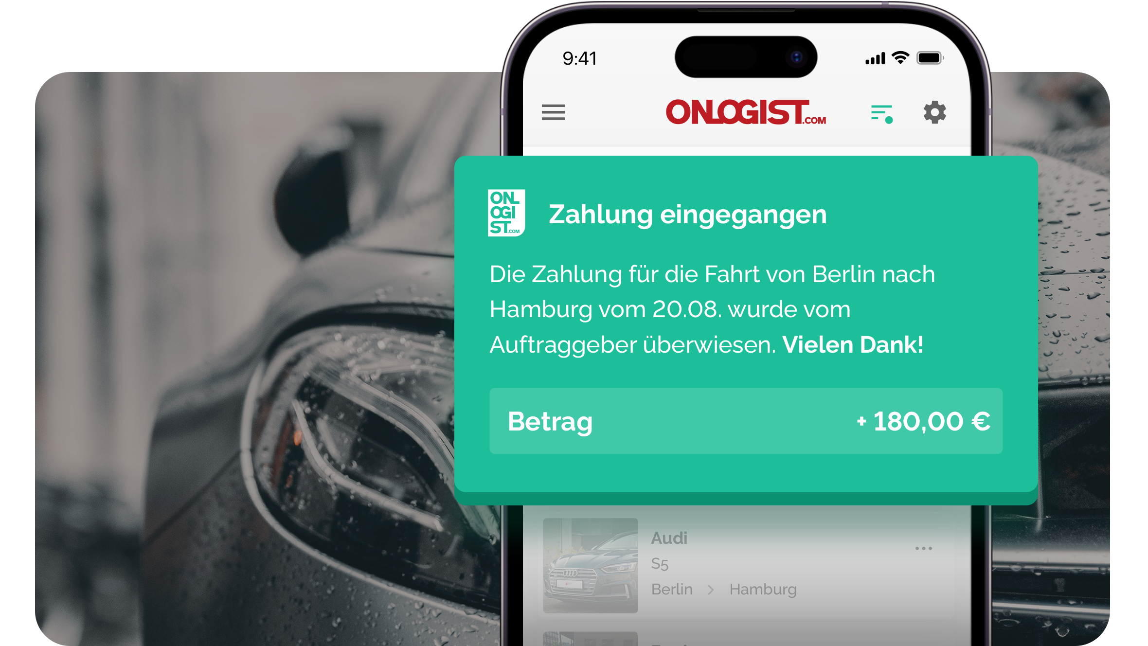 Smartphone mit ONLOGIST-App und Hinweis Zahlung von 180 Euro eingegangen